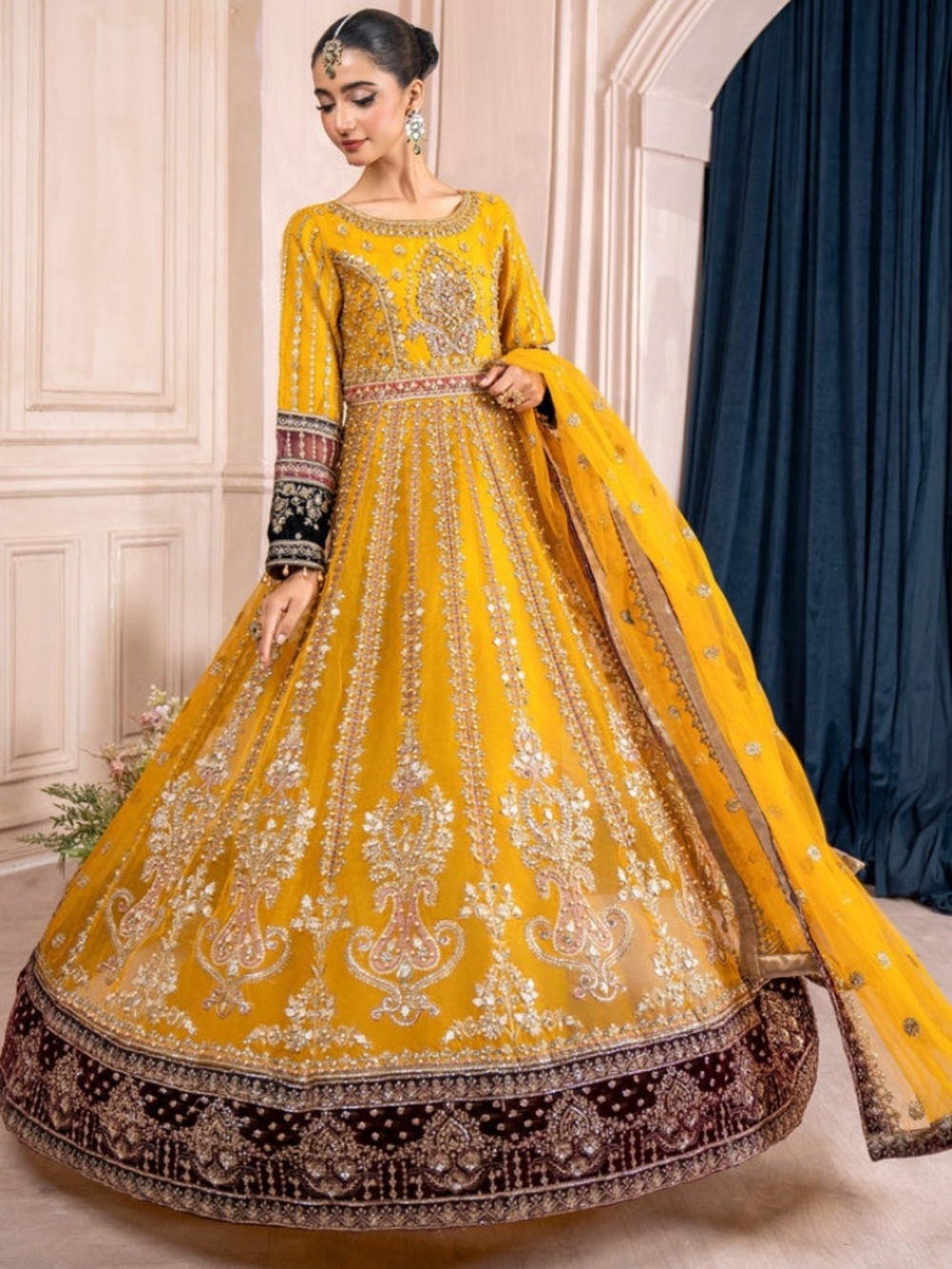 Luxurious Yellow mustard Embroidered maxi Anarkali with Contrasting Hem